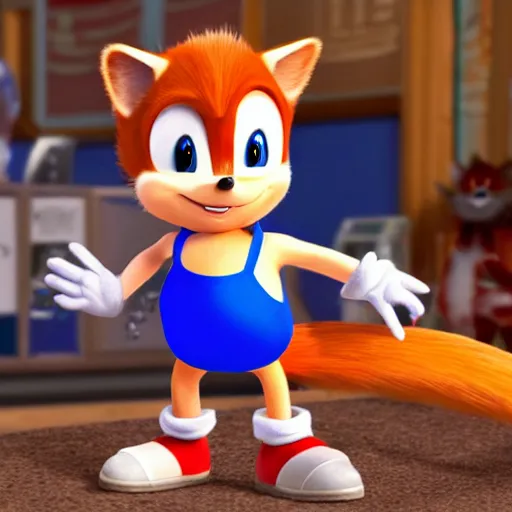 Prompt: a red haired humanoid female chipmunk wearing a blue vest in sonic the hedgehog ( 2 0 1 8 )