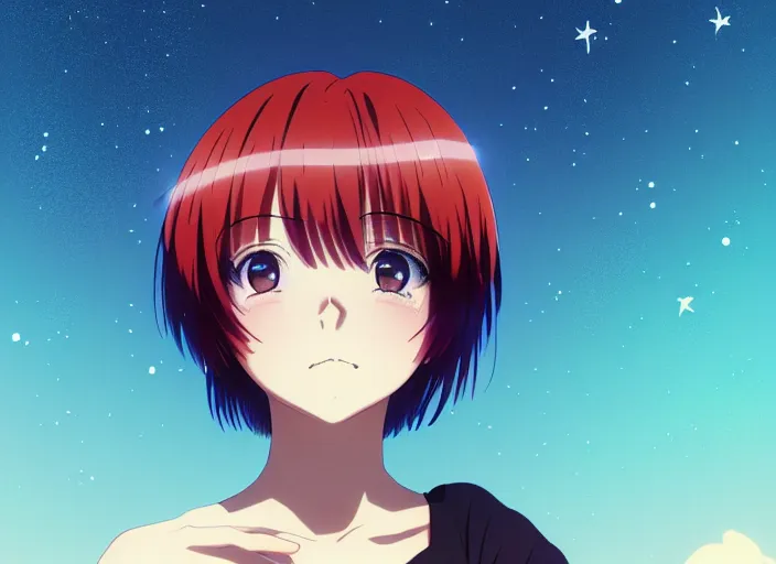 Image similar to anime visual, full body portrait a young woman with red hair looking up at the stars in the park at midnight, cute face by ilya kuvshinov, yoshinari yoh, makoto shinkai, katsura masakazu, dynamic perspective pose, detailed facial features, kyoani, rounded eyes, crisp and sharp, cel shad, anime poster, ambient light,