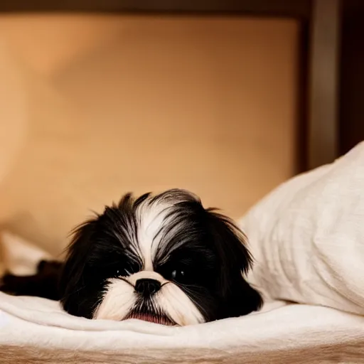 Prompt: 8k photo of a black and white shih tzu laying in a well lit bed