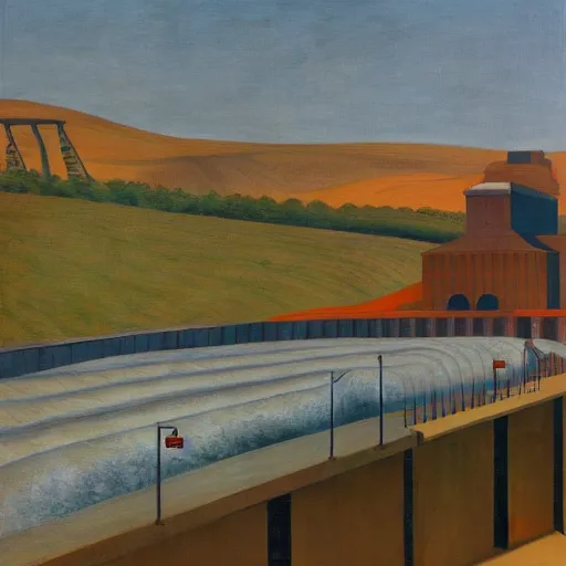 Image similar to hydroelectric dam, turbines, spillway, fish ladder, robot caretakers, grant wood, pj crook, edward hopper, oil on canvas