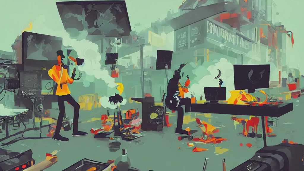 Prompt: black! chicken! smoking cannabis!!!, in front of multi monitors broadcasting studio, artwork by James Gilleard