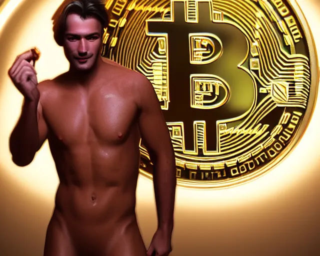 Prompt: attractive oiled up glossy man posing in front of a huge golden bitcoin, angelic light, commercial by annie liebovitz, gaston bussiere, craig mullins, j. c. leyendecker, photorealistic, trending artstation, 8 k