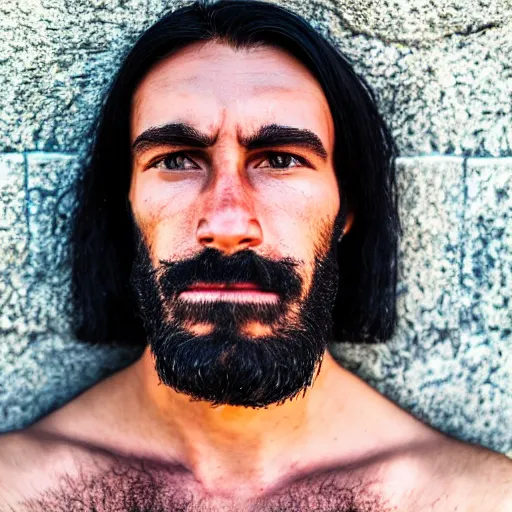 Prompt: portrait close up of a man with a very square and large jaw, his face lines are harsh, he has no beard but long black hair, he looks like a cave man bronze, soft lighting, rough lines