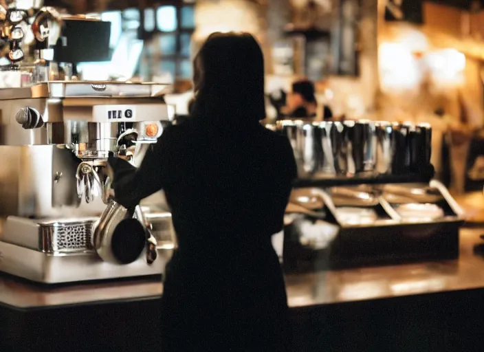 Image similar to a 2 8 mm macro photo from the back of a woman standing at the espresso machine in a cozy cafe, splash art, movie still, bokeh, canon 5 0 mm, cinematic lighting, dramatic, film, photography, golden hour, depth of field, award - winning, anamorphic lens flare, 8 k, hyper detailed, 3 5 mm film grain, hazy