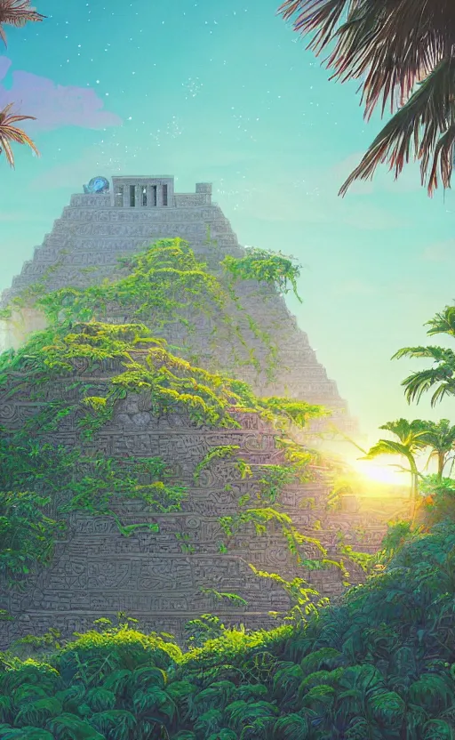 Image similar to a mayan temple, microscopic tardigrade, microbiology, flat, ruins, civilization, vegetation, large leaves, futuristic, sharp focus, electric swirls, backlight, risograph, intricate details, disney pixar, james gilleard, moebius, print, iridescent, global illumination, anime, game art