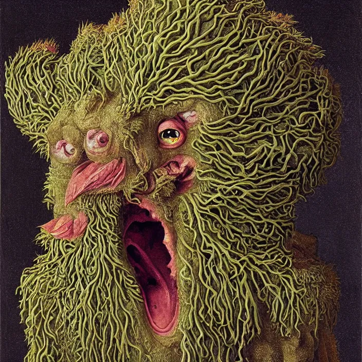 Prompt: close up portrait of a mutant monster creature with iris flower eyes, large thorny tongue, fractal long ears, cloak. jan van eyck, walton ford