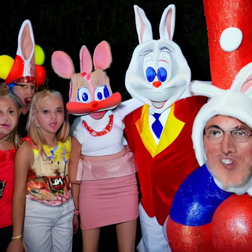 Image similar to high definition photo Donald trump dressed as Bugs Bunny spying on children at a birthday party, high quality, dynamic, good lighting