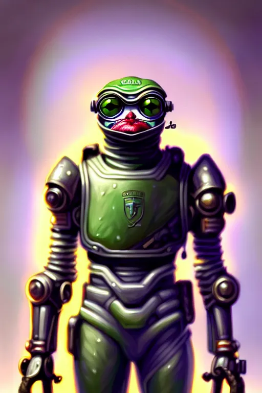 Image similar to Portrait of pepe with a spoon wearing futuristic power armor, fantasy, intricate, highly detailed, digital painting, trending on artstation, sharp focus, illustration, style of Stanley Artgerm and Greg Rutkowski and Dan Mumford