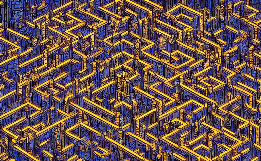 Image similar to interior of an elaborate labyrinth of runic cubes, endless intricate maze - like runes, sharp high detail anime background, masterpiece by satoshi kon, crystal cubism, greeble, tesseract, darksynth, high definition