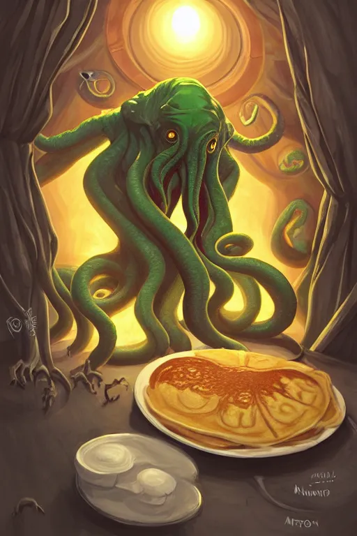 Image similar to cthulhu making pancakes, animation pixar style, by pendleton ward, magali villeneuve, artgerm, rob rey and kentaro miura style, golden ratio, trending on art station