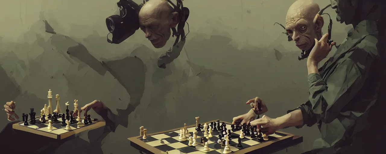 Image similar to duotone olive illustration 3 / 4 portrait of gollum playing chess composition accidental renaissance golden ratio. by sachin teng and sergey kolesov and ruan jia and heng z. graffiti art, scifi, fantasy, hyper detailed. octane render. concept art. trending on artstation