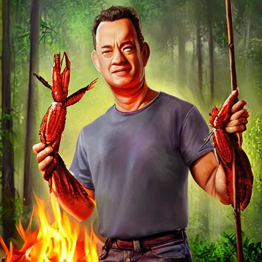 Image similar to Tom Hanks as forrest holding a giant shrimp on a stick over a campfire in the jungle, realistic digital painting, in the style of Aleksi Briclot, photoreailstic, realistic face, amazing detail, sharp