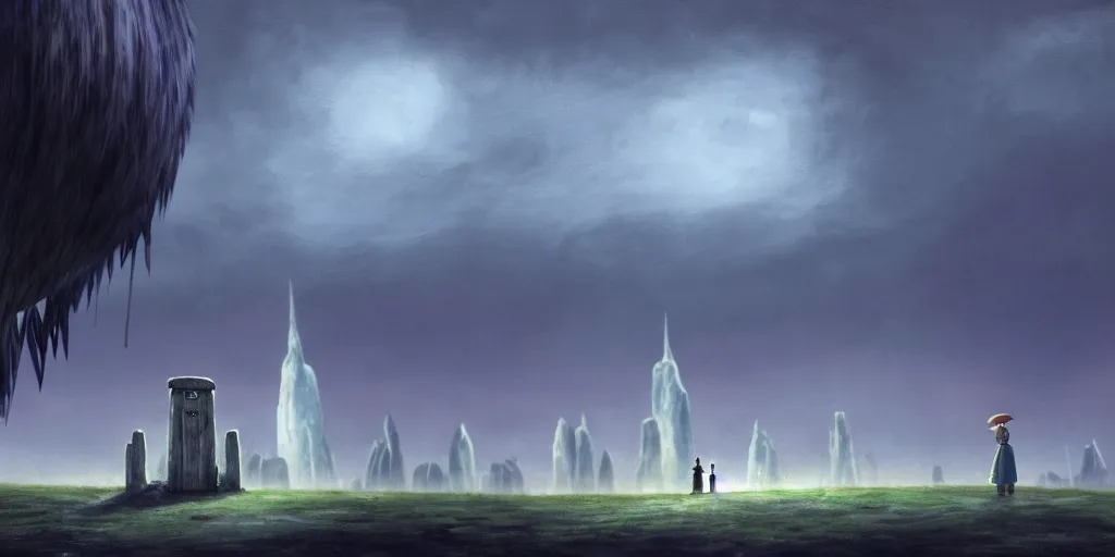 Image similar to a realistic and atmospheric cell - shaded concept art from howl's moving castle ( 2 0 0 4 ) of a ufo on the ground. a grey monk is standing in a futurist sci - fi city that looks like stonehenge in a flooded rainforest. it is a misty starry night. very dull muted colors, hd, 4 k, hq