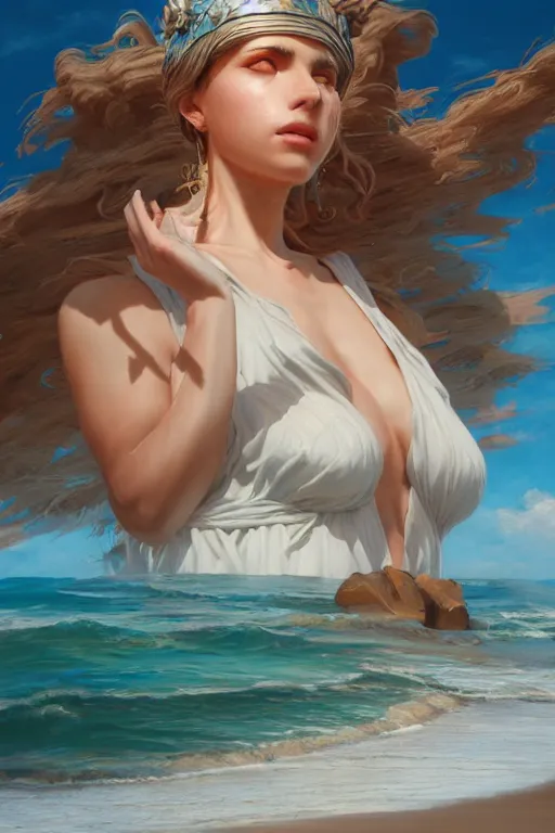 Image similar to goddess of the beach, highly detailed, digital painting, artstation, concept art, smooth, sharp focus, illustration, unreal engine 5, 8 k, art by artgerm and greg rutkowski and edgar maxence