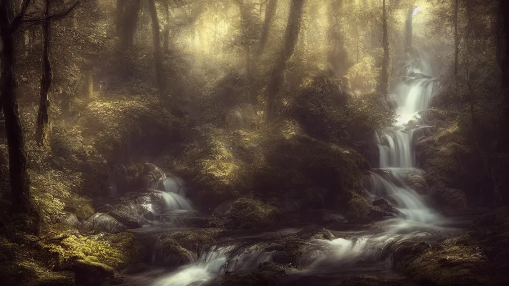 Image similar to a tiny waterfall in the dark forest. andreas achenbach, artgerm, mikko lagerstedt, zack snyder, tokujin yoshioka