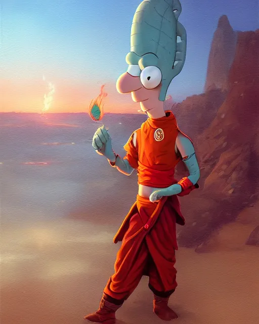 Image similar to [ [ squidward ] ] wearing fire nation clothing and practicing firebendingoutside at susnset, oil painting, highly detailed, intricate, hd, sharp focus, photorealistic, by moebius and greg rutkowski, trending on artstation, trending on cgsociety, realistic shading and lighting