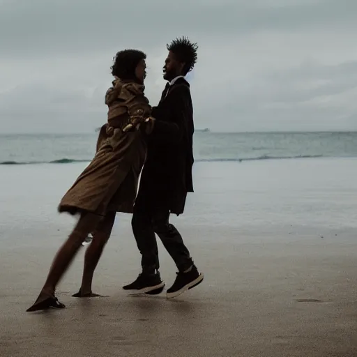 Prompt: weathered color photo of a man and woman both wearing trenchcoats, dancing together on a beach during cloudy weather at night, very dark