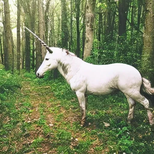 Prompt: trail cam of a teenager with short black curly hair on the woods riding a real unicorn