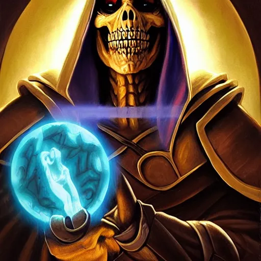 Image similar to portrait painting of skeletor, dnd beyond avatar portraits, beautiful, artistic, elegant, lens flare, magical, nature, realism, stylized, art by jeff easley and genndy tartakovsky