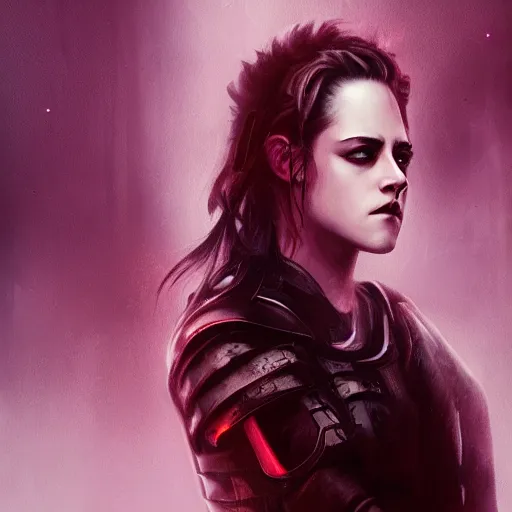 Image similar to kristen stewart portrait, dystopia core, apocalyptic, armor, warrior, dramatic, sharp focus, fiction, neon, fantasy, hyper detailed, digital art, trending in artstation, cinematic lighting, studio quality, smooth render, unreal engine 5 rendered, octane rendered, art style and nixeu and wlop and krenz cushart