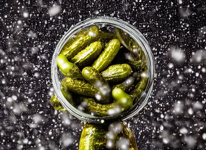 Image similar to photo still of lots of whole pickles falling from the sky, 8 k, 8 5 mm f 1. 8