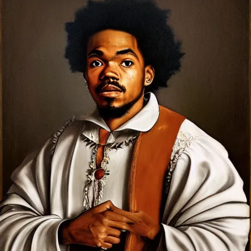 Image similar to a portrait painting of Chance The Rapper dressed as Shakespeare by Caravaggio, realistic, detailed