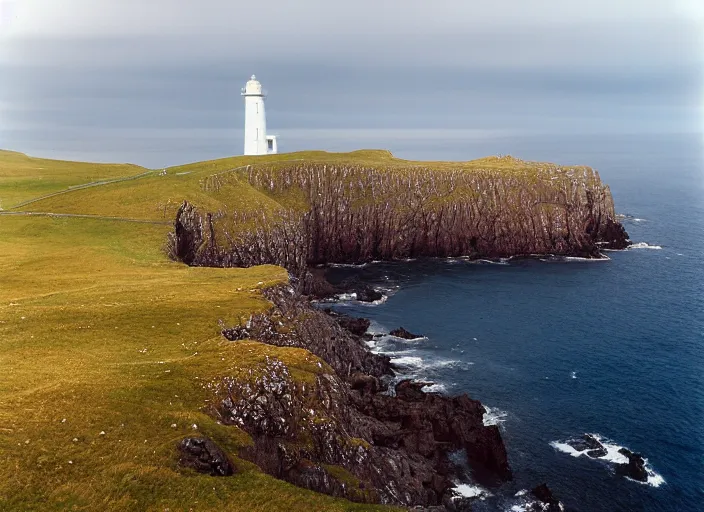 Prompt: a landscape photo of neist point lighthouse isle of skye, aerial far wide shot with 4 0 0 m lens, strong kodak portra film look