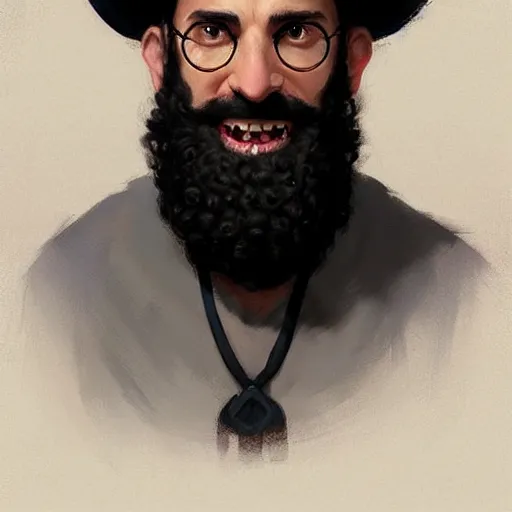 Image similar to a happy merchant jew wearing kippah!!!, rubbing hands!!!, evil, tricky!!, black curly beard, black curly hair, black eyes, hooked nose!, by greg rutkowski, artstation, by artgerm, by wlop