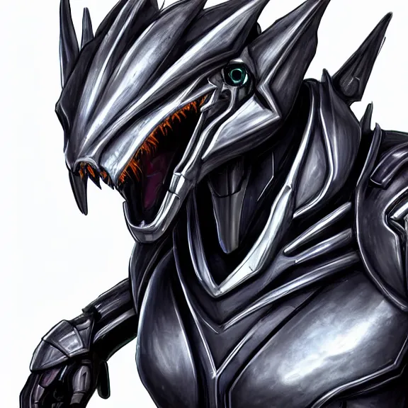 Image similar to high quality close up headshot of a cute beautiful stunning robot anthropomorphic female dragon, with sleek silver armor, a black OLED visor over the eyes, facing the camera, maw open and about to eat you, you being dragon food, the open maw being detailed and soft, highly detailed digital art, furry art, anthro art, sci fi, warframe art, destiny art, high quality, 3D realistic, dragon mawshot, furry mawshot, macro art, dragon art, Furaffinity, Deviantart