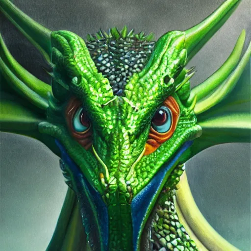 Image similar to realistic, portrait, painting, large green dragon, kodachrome, cgi, hd, detailed