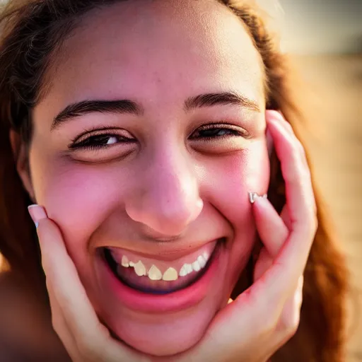 Image similar to beautiful hyperrealism hyperdetailed candid photograph of a cute young woman smiling widely and in happy disbelief because of a marriage proposal, flushed face, red blush, puffy lips, soft features, 8 k, sharp focus, golden hour, beach setting