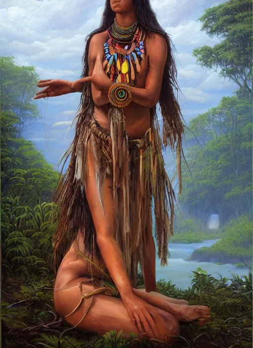 Image similar to a realistic painting of an indigenous woman with a beautiful shaman outfit meditating near a river in the amazon jungle, gazing at the water, highly detailed, art by christophe vacher