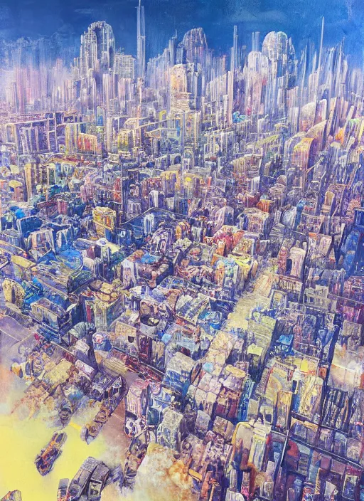 Image similar to a beautiful painting by oliver vernon of a glitched city behind clouds, realistic colors