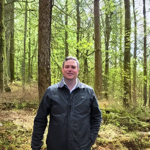 Image similar to DCI Tom Barnaby standing in a sunny forest clearing.