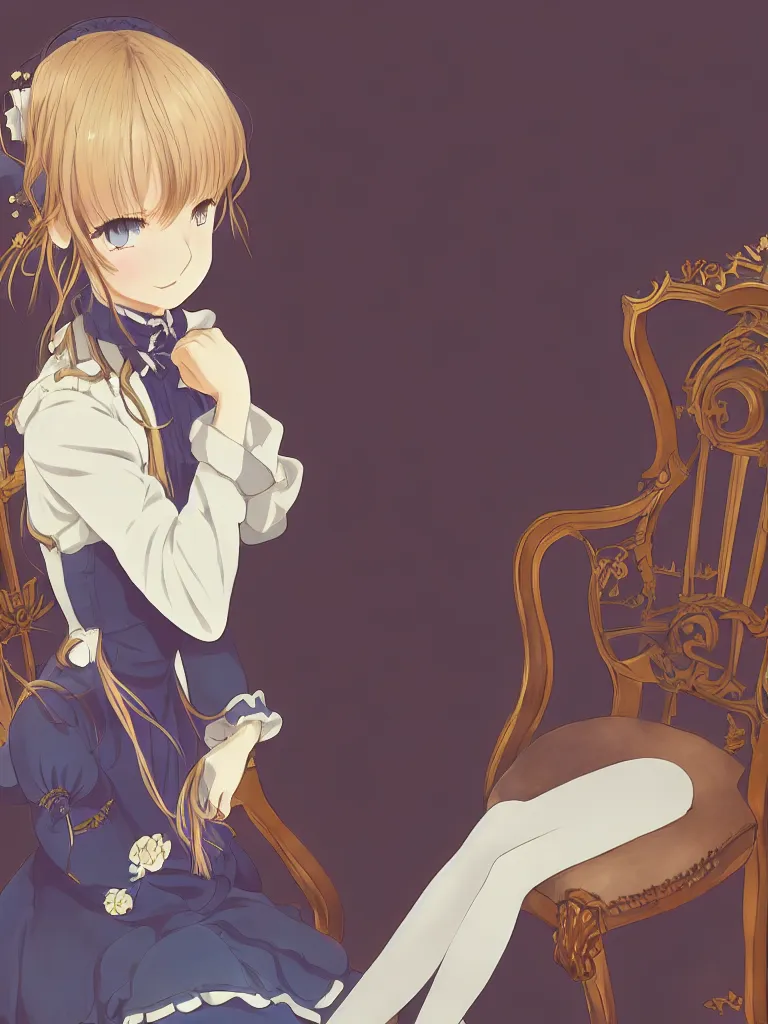 Prompt: a character portrait of violet evergarden, sitting down on a chair in a victorian home background, style of kyoto animations, trending on pixiv, anime, high detail, character accurate