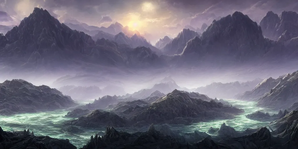 Image similar to The eldritch landscape with mountains in the background and great river down the middle, Sci-Fi fantasy desktop wallpaper, painted, 4k, high detail, sharp focus