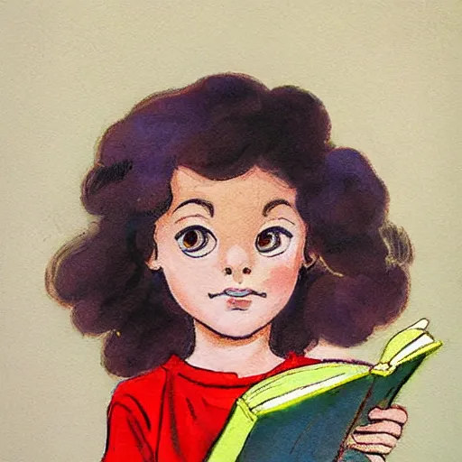 Prompt: a little girl with a mischievous face and short light brown curly wavy hair and blue eyes. she is reading a book. well composed, clean elegant painting, beautiful detailed face. by steve ditko and jack kirby