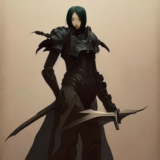 Image similar to portrait girl with armor in style of ghost blade by hsiao ron cheng, tetsuya ichida, tsutomu nihei, moebius, exquisite detail, extremely moody lighting, 8 k, art nouveau, old chines painting,