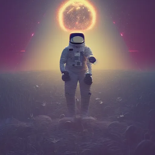 Image similar to beautiful dark landscape, astronaut with a skull head, beautiful flowers growing, in the style of beeple and Mike Winkelmann, intricate, epic lighting, cinematic composition, hyper realistic, 8k resolution,