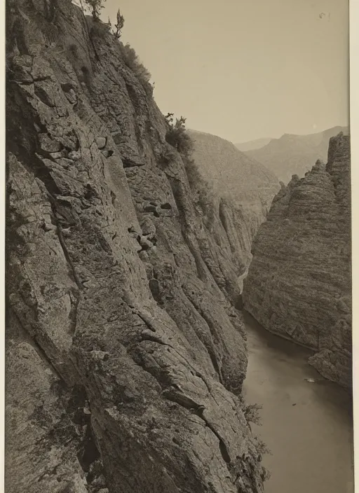 Prompt: Overlook of a gorge with steep rocky slopes covered with sparse desert trees , albumen silver print by Timothy H. O'Sullivan.