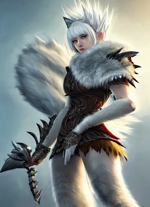 Image similar to warrior, fur - lined wolf armor!!! beautiful and elegant white hair female!! monster hunter!! character concept art, sharp focus, octane render! unreal engine 5! highly rendered!! trending on artstation!! detailed linework!! illustration by artgerm, wlop, and chie yoshii