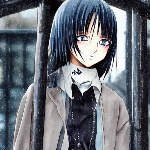 Image similar to 1 7 - year - old anime goth girl, black hair, long bob cut, long bangs, gothic coat, long bangs, united kingdom, rainy day, small town, midlands, english village, street scene, ultra - realistic, sharp details, cold lighting, blue and gray colors, intricate details, subsurface scattering, hd anime, 2 0 1 9 anime