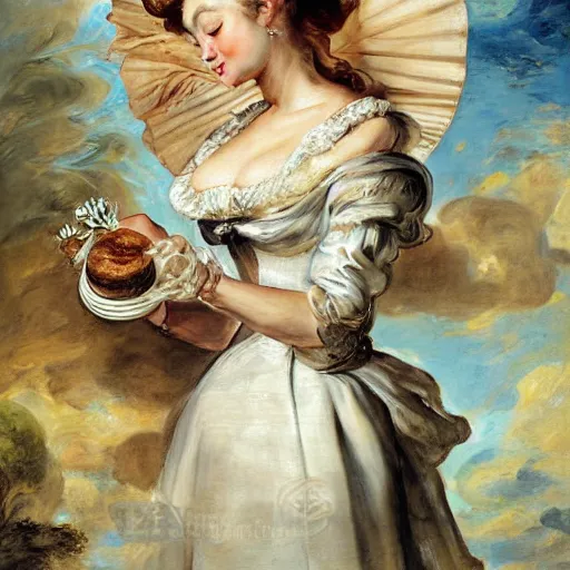 Image similar to heavenly summer sharp land sphere scallop well dressed lady holding a tall starbucks paper coffee cup, auslese, by peter paul rubens and eugene delacroix and karol bak, hyperrealism, digital illustration, fauvist, tall starbucks paper coffee cup, green coffee logo