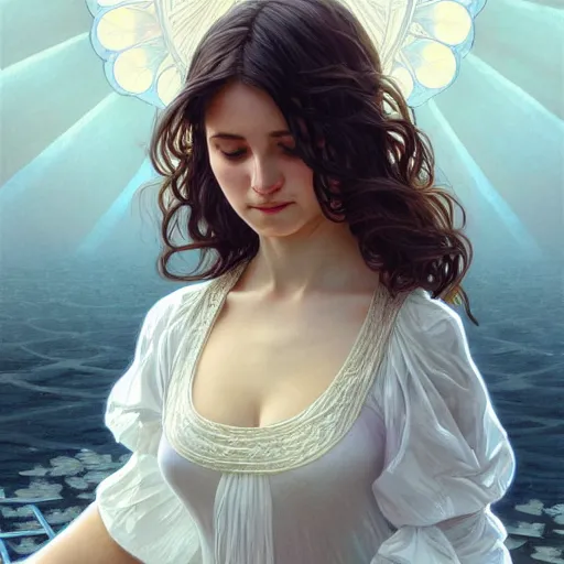 Image similar to long shot, woman posing, short wavy hair, round face, intricate white dress, cottagecore!!, inside water, intricate, enlightened, highly detailed, digital painting, artstation, concept art, smooth, sharp focus, illustration, art by artgerm and greg rutkowski and alphonse mucha