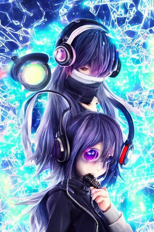 Image similar to portrait of an 3d anime character with cute sparkly eyes wearing a holographic hoodie and headphones, long hair with pastel colors, wearing a cute face gas mask in a still of code vein by Kurumi Kobayashi Koichi Itakura, 3d anime, octane render, dynamic dramatic lighting, with glitch and chromatic abbreviations, artstation, cgsociety, imaginefx, by anime concept artist, rendered in unreal engine, by WENJR, WLOP, artgerm