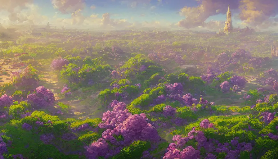 Image similar to landscape painting overhead view of violet evergarden facing away standing on a distant colorful flower hill, behind it a distant old european city leiden, ocean, sunshine, fantasy, intricate, elegant, highly detailed, digital painting, artstation, blender, unreal engine 5, octane render, smooth, sharp focus, illustration, by Anton Fadeev and Philipp A. Urlich and greg rutkowski