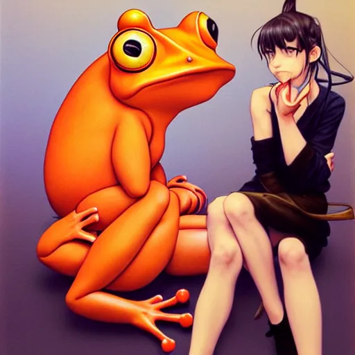 Prompt: a French girl in a café with a giant orange frog. insanely and epically detailed supreme-quality color ink pen artwork, amazingly composed image, illustrated by Range Murata and Artgerm.