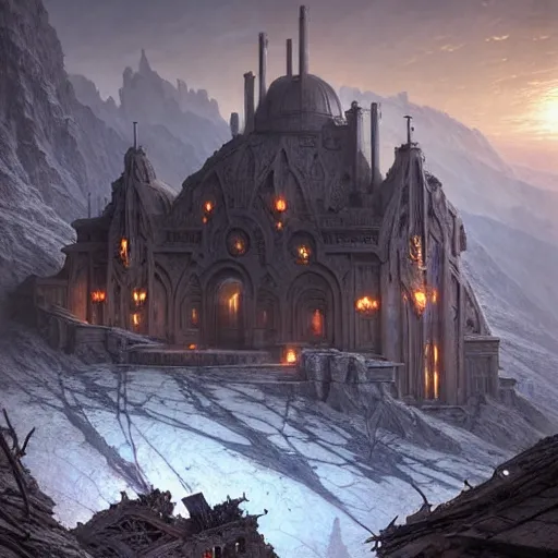 Image similar to concept art of a ruined post - apocalyptic sci - fi monastery at the top of a mountain, ultra realistic, concept art, intricate details, eerie, highly detailed, photorealistic, octane render, 8 k, unreal engine. art by artgerm and greg rutkowski and alphonse mucha