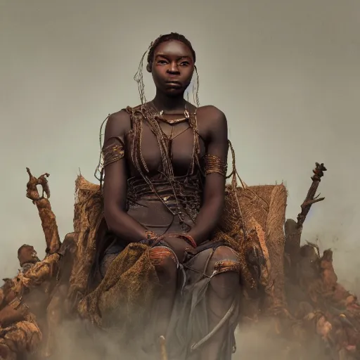 Prompt: Photograph of Young female Nigerian Elden Lord, sitting on a throne of ash, surrounded by the corpses of Elden Ring bosses, 4K, Highly detailed,