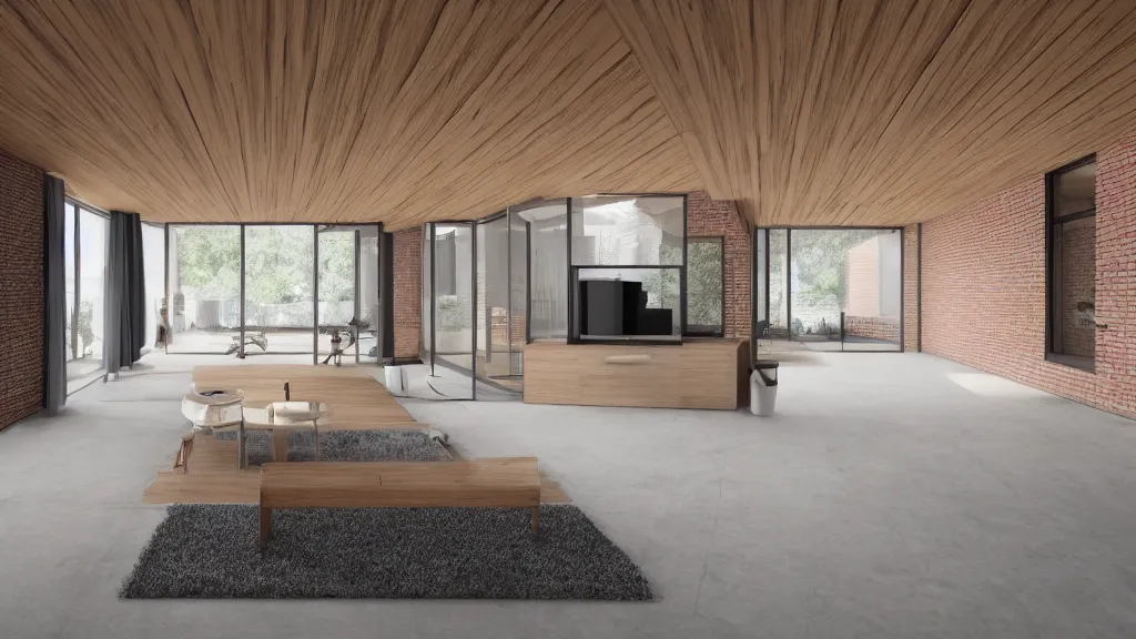 Image similar to hyper realistic one point perspective of living room, wood, concret, brick